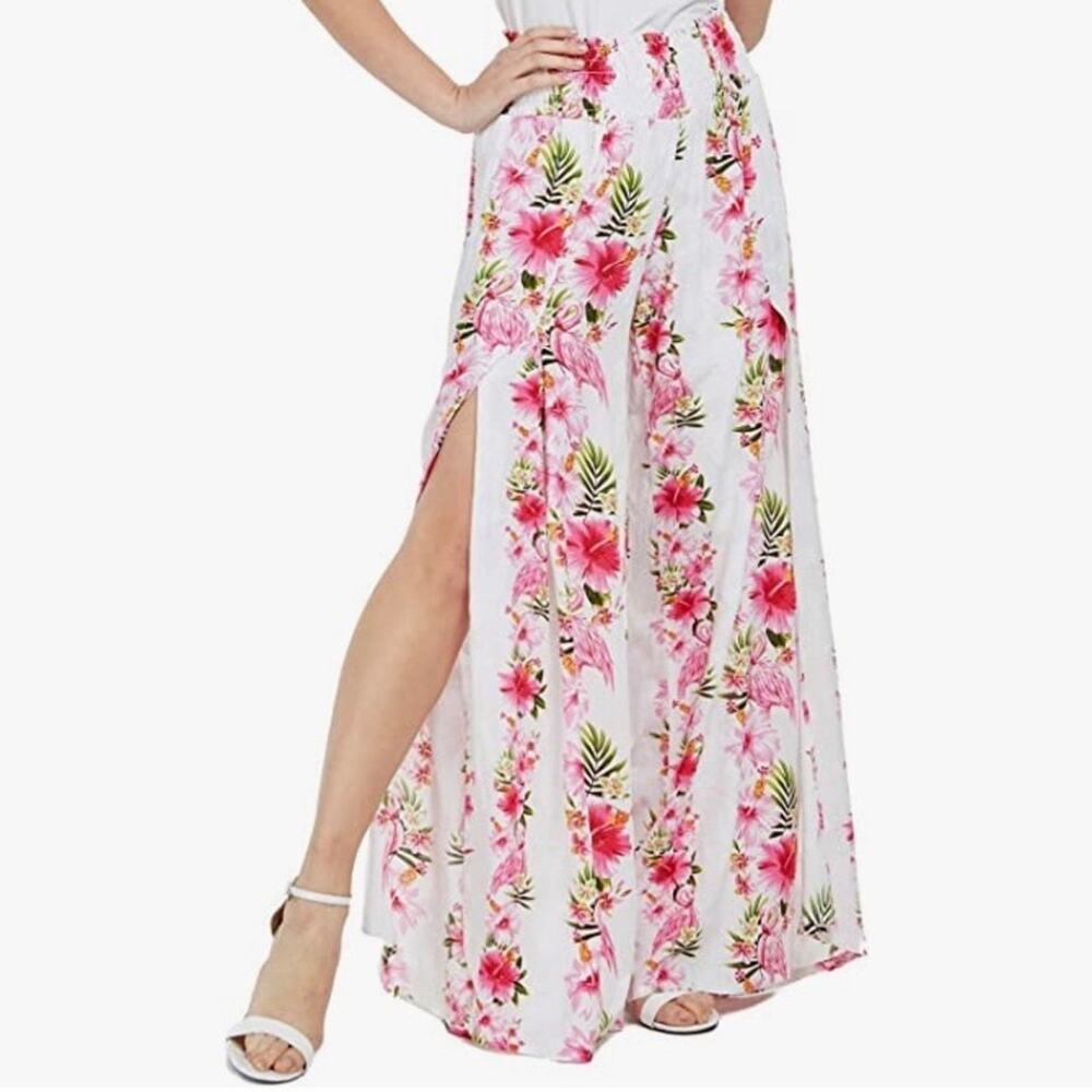 Hawaii Hangover Lady High Slit Hibiscus Pink Floral Wide Leg Pants L/XL - Picture 10 of 10